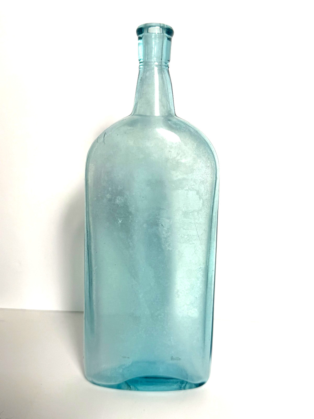 Antique c1900 Vintage Aqua Blue Glass Flask Bottle | 9" Decorative Bottle